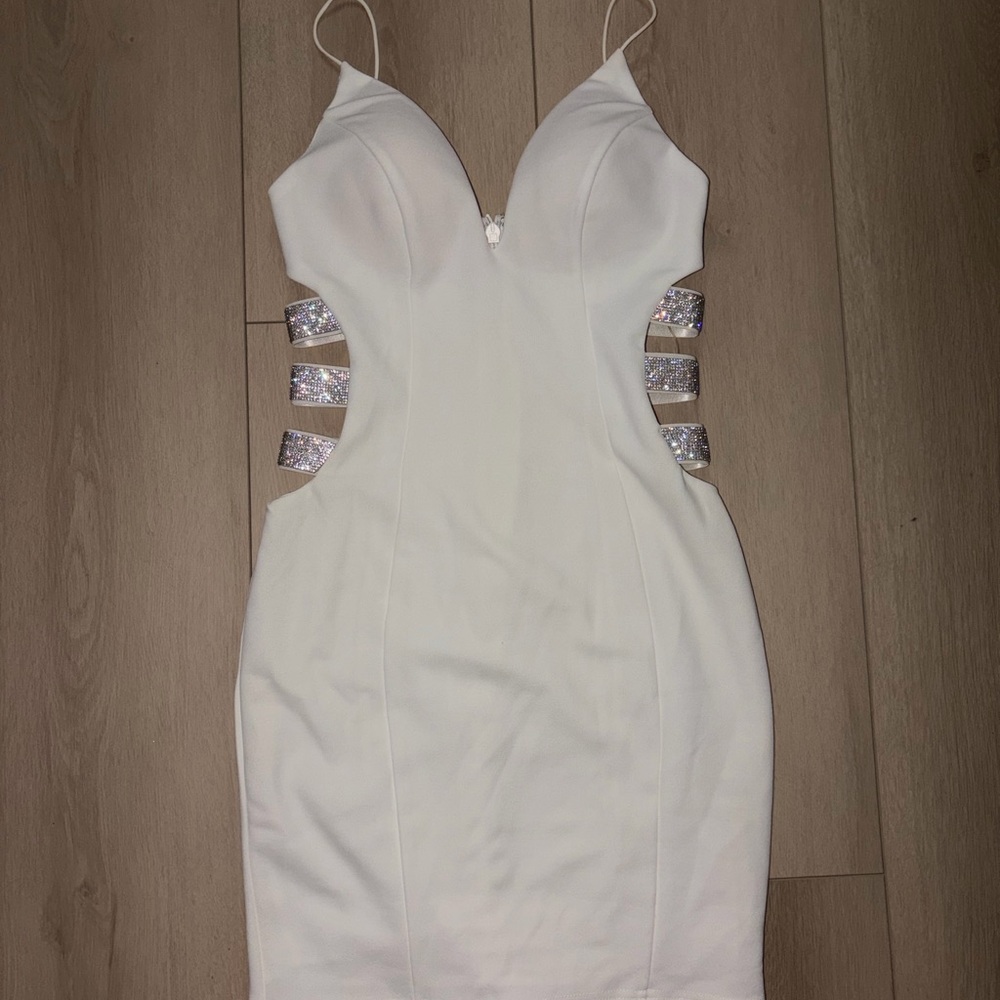 White Windsor bodycon dress with sparkly rhinestone side cutouts